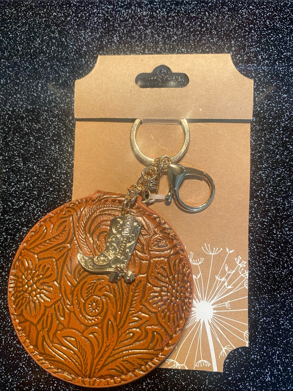 Embossed Brown Leather Round hand mirror/Keychain with Boot Bag Charm